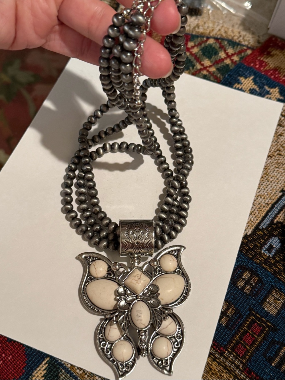 Silver-Tone Butterfly Pendant Necklace with Cream Stone Accents